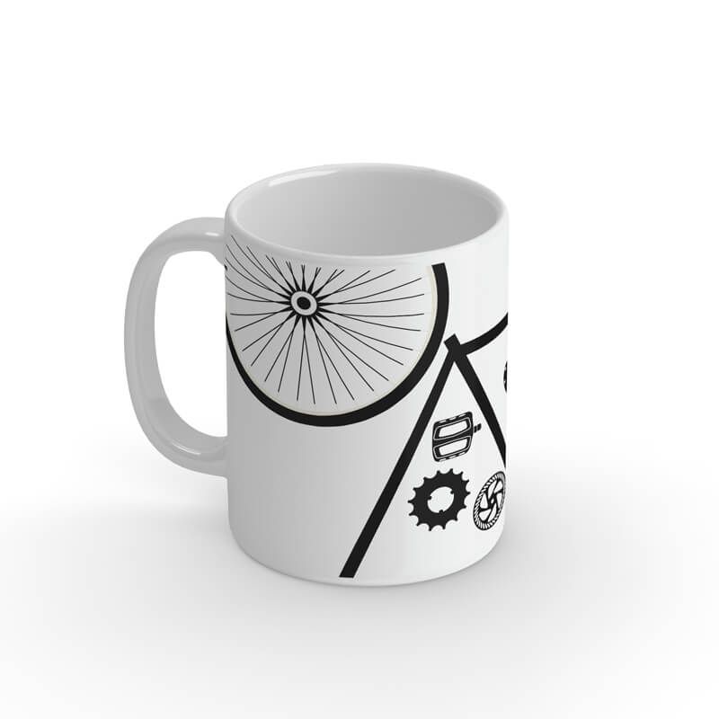 Tasse mit Fahrradteilen bedruckt