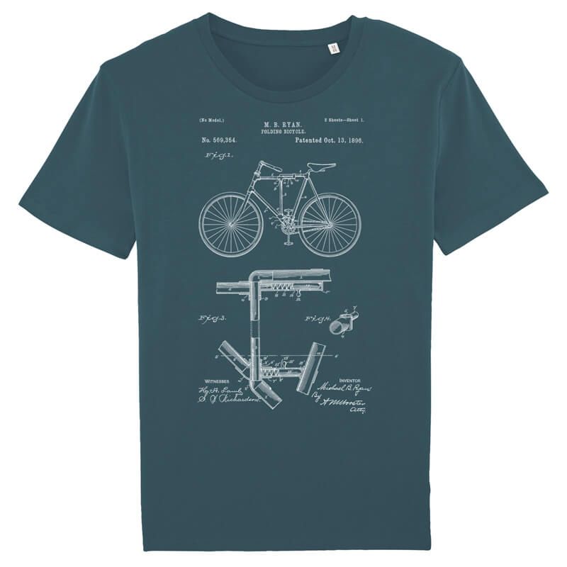 T-Shirt - Faltrad Patent aus fair gehandelter Biobaumwolle und in Siebdruck Qualität bedruckt.